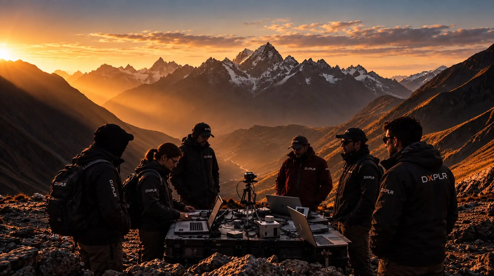 A DXPLR team working at laptops on a mountainside at dusk