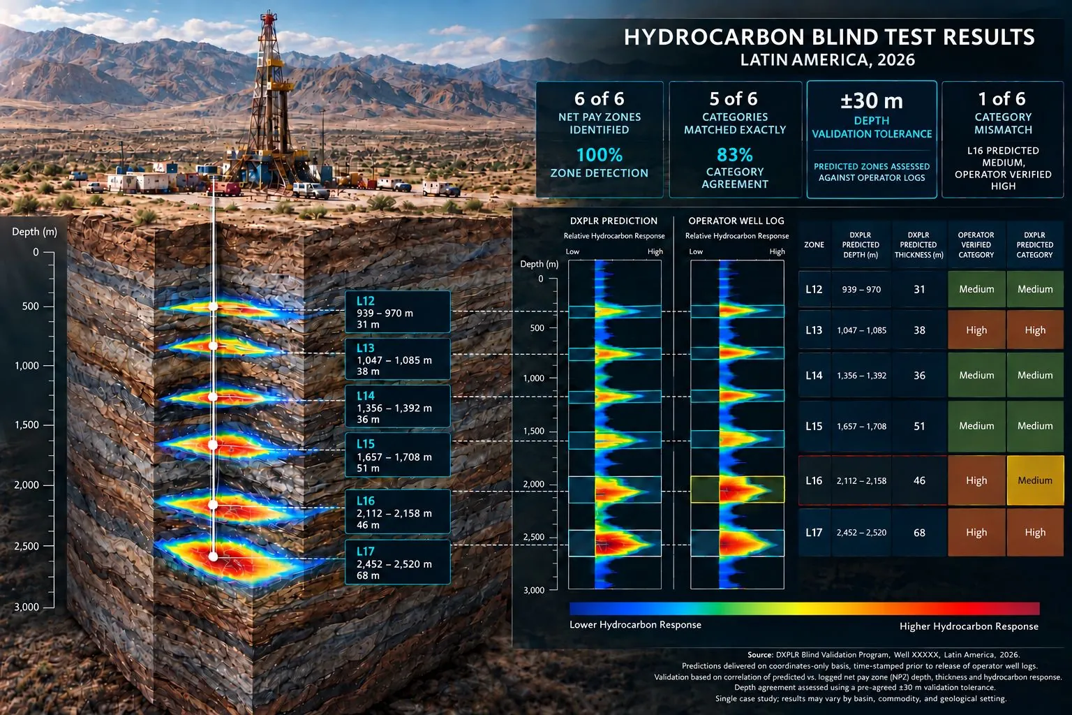 Hydrocarbon blind test results, Latin America, 2026. A cut-away of the ground beneath a drilling rig marks six predicted net pay zones, L12 to L17, between 939 and 2,520 m. DXPLR’s predicted hydrocarbon response and the operator’s well log show the six zones at matching depths, and a table compares each zone’s predicted depth, thickness and category with the operator’s. Results: 6 of 6 net pay zones identified (100% zone detection); 5 of 6 categories matched exactly (83% agreement); ±30 m depth validation tolerance; one mismatch, L16, predicted medium and verified high.