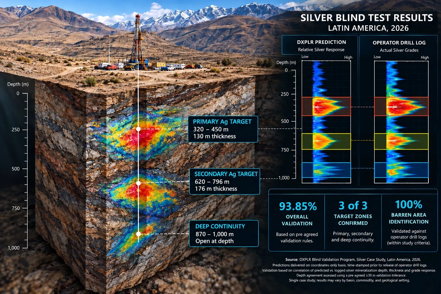Silver blind test results, Latin America, 2026. A cut-away of the ground beneath a drill rig marks DXPLR’s three predicted silver targets: primary, 320–450 m (130 m thick); secondary, 620–796 m (176 m thick); and deep continuity, 870–1,000 m, open at depth. Beside it, DXPLR’s predicted silver response and the operator’s drill log of actual silver grades peak at matching depths. Results: 93.85% overall validation, 3 of 3 target zones confirmed, and 100% barren area identification, validated against operator drill logs within the study criteria; depth agreement assessed against a pre-agreed ±30 m tolerance.