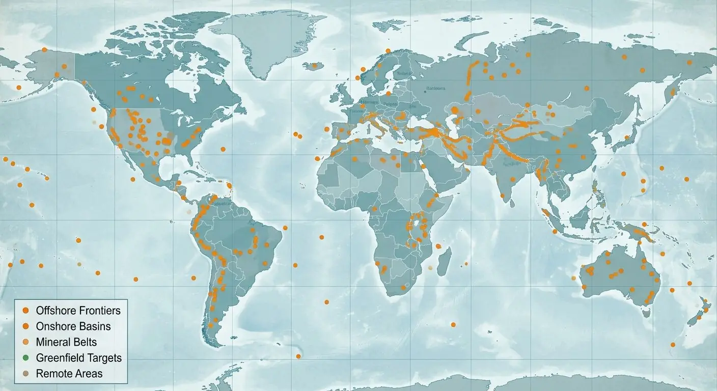 A stylised world map marking frontier basins and mineral belts